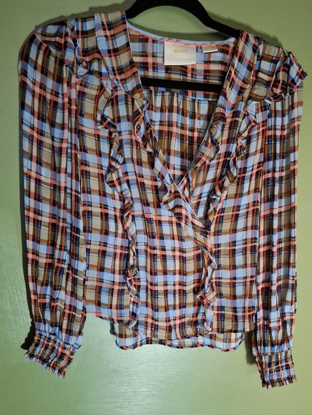 Maeve For Anthropologie  Plaid Ruffle Wrap-Style Blouse in Blue and Brown